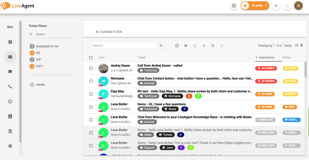 نظرة عامة على واجهة التذاكر في LiveAgent.