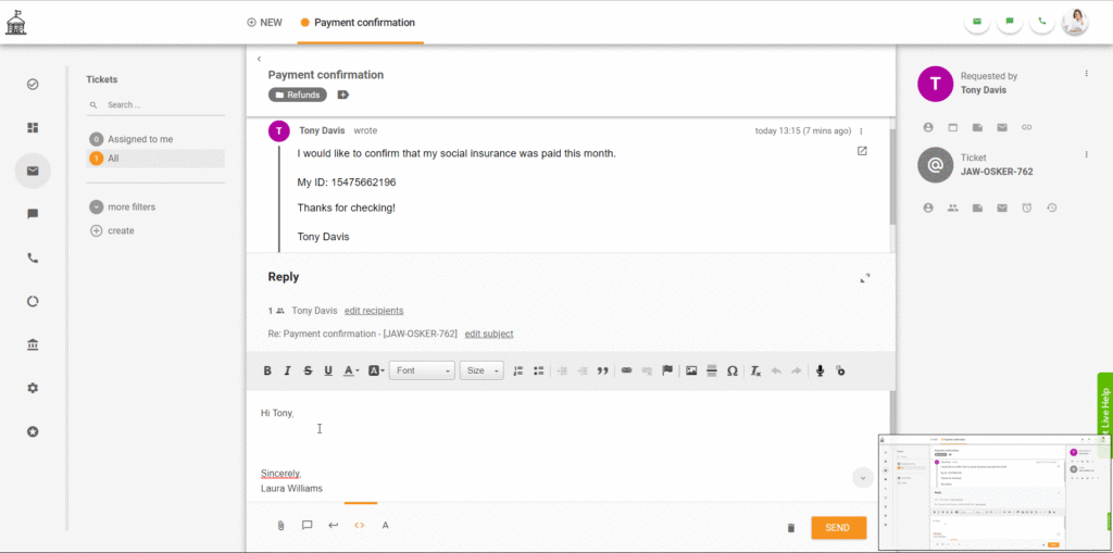 مثال على تذكرة LiveAgent