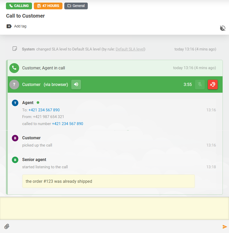 ميزة الاستماع إلى الاستدعاءات في LiveAgent مع التفاعل بالملاحظات بين الوكلاء
