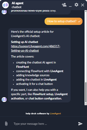 دردشة LiveAgent AI Agent مع دعم markdown