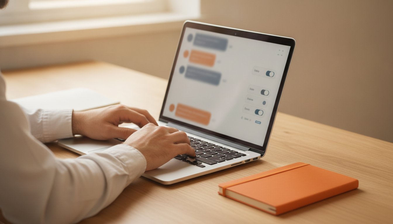 مدير دعم يضبط إعدادات التسليم والتصعيد لشات بوت LiveAgent على حاسوب محمول