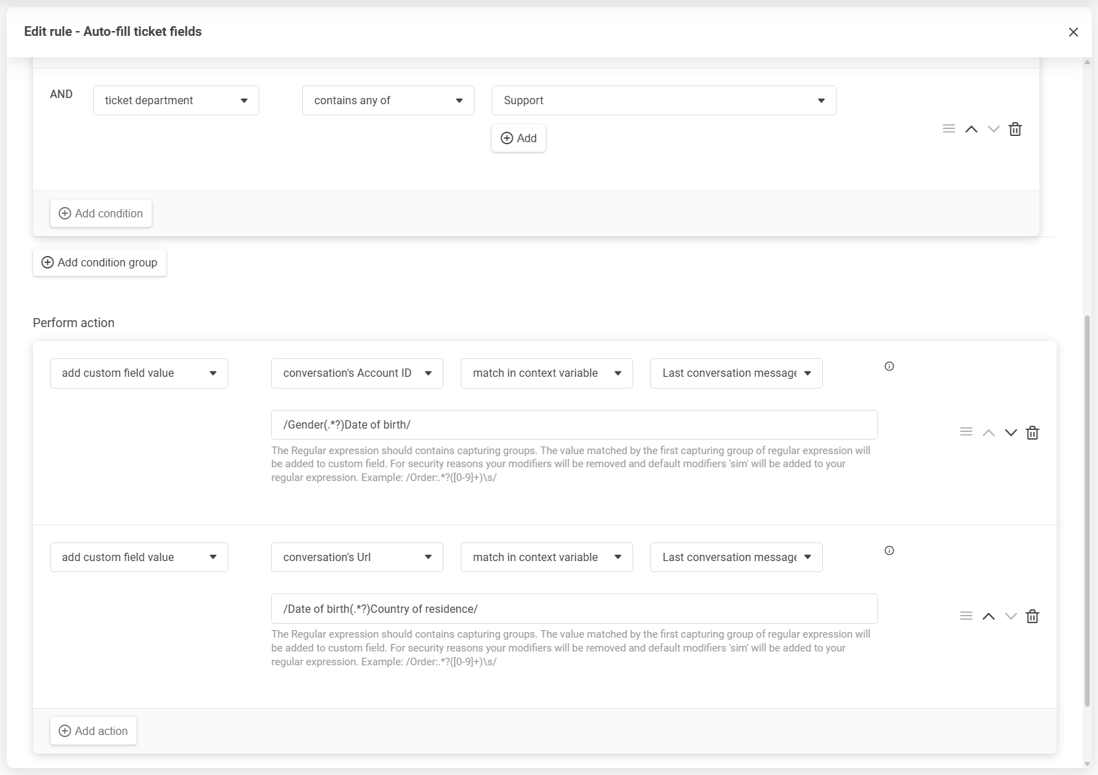 محرر القواعد في LiveAgent مع إعادة ترتيب الشروط والإجراءات بالسحب والإفلات