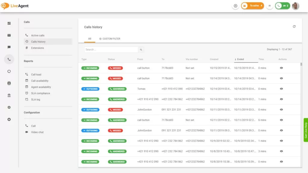نظرة عامة على واجهة مركز الاتصال في LiveAgent.