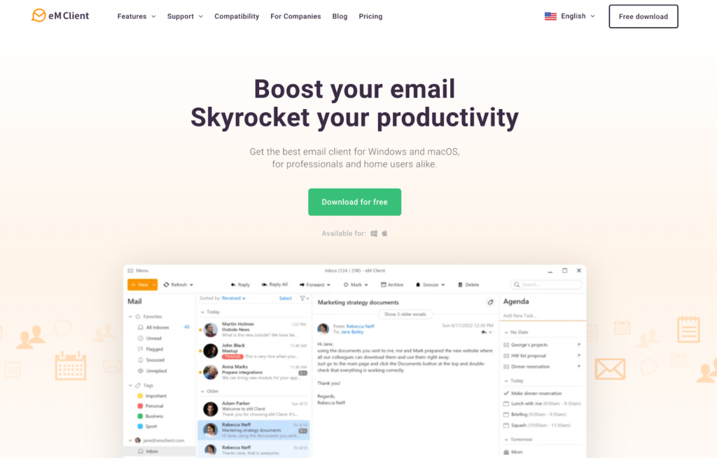 صفحة eM Client الرئيسية