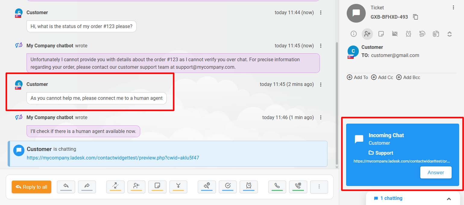 معاينة تحويل الذكاء الاصطناعي للإنسان في LiveAgent
