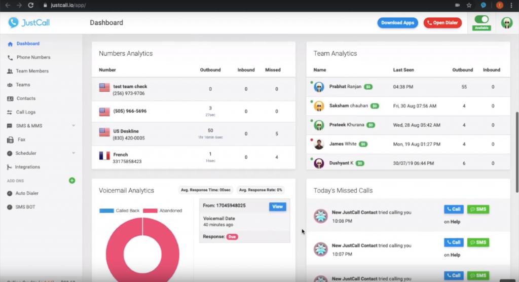 لوحة معلومات JustCall