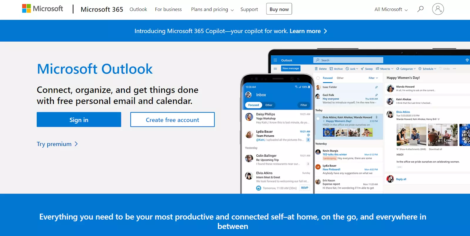 صفحة Microsoft Outlook الرئيسية