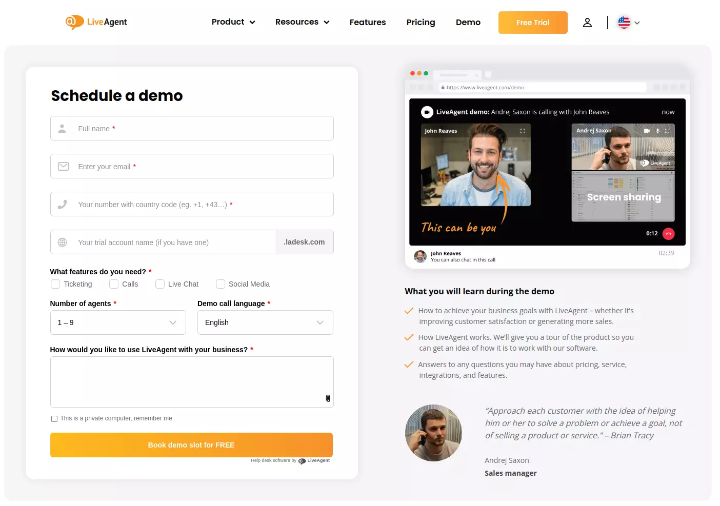 جدولة عرض توضيحي لـ LiveAgent