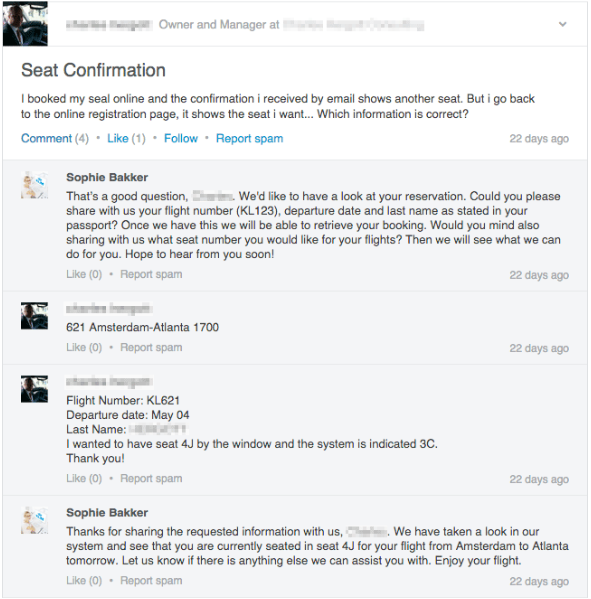 رد KLM Airlines على سؤال العميل على LinkedIn