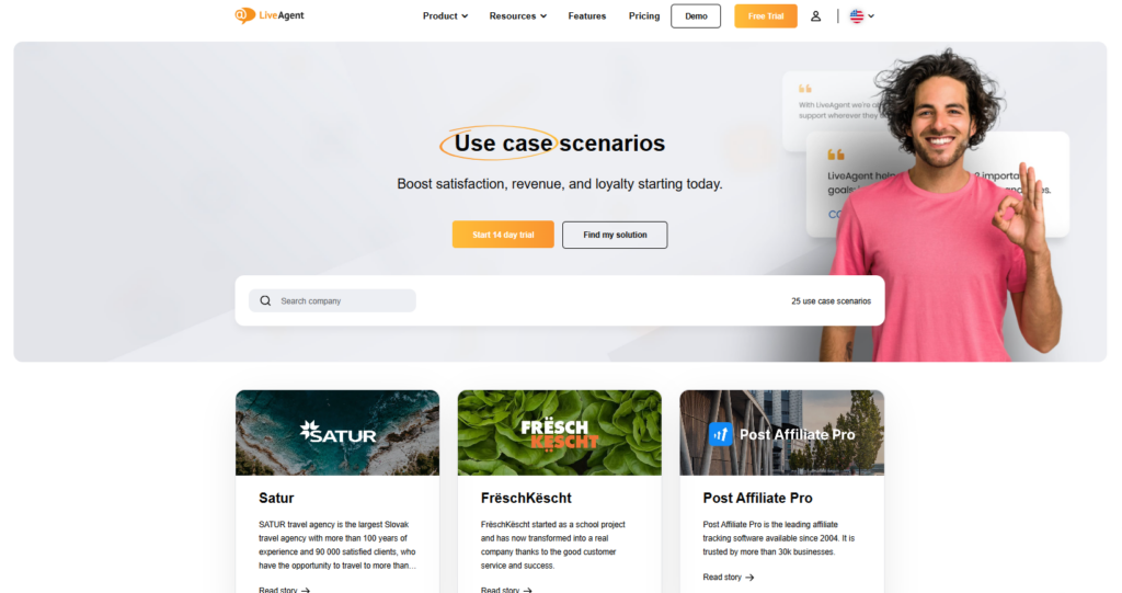 لقطة شاشة من موقع LiveAgent حيث يشاركون قصص نجاح عملائهم