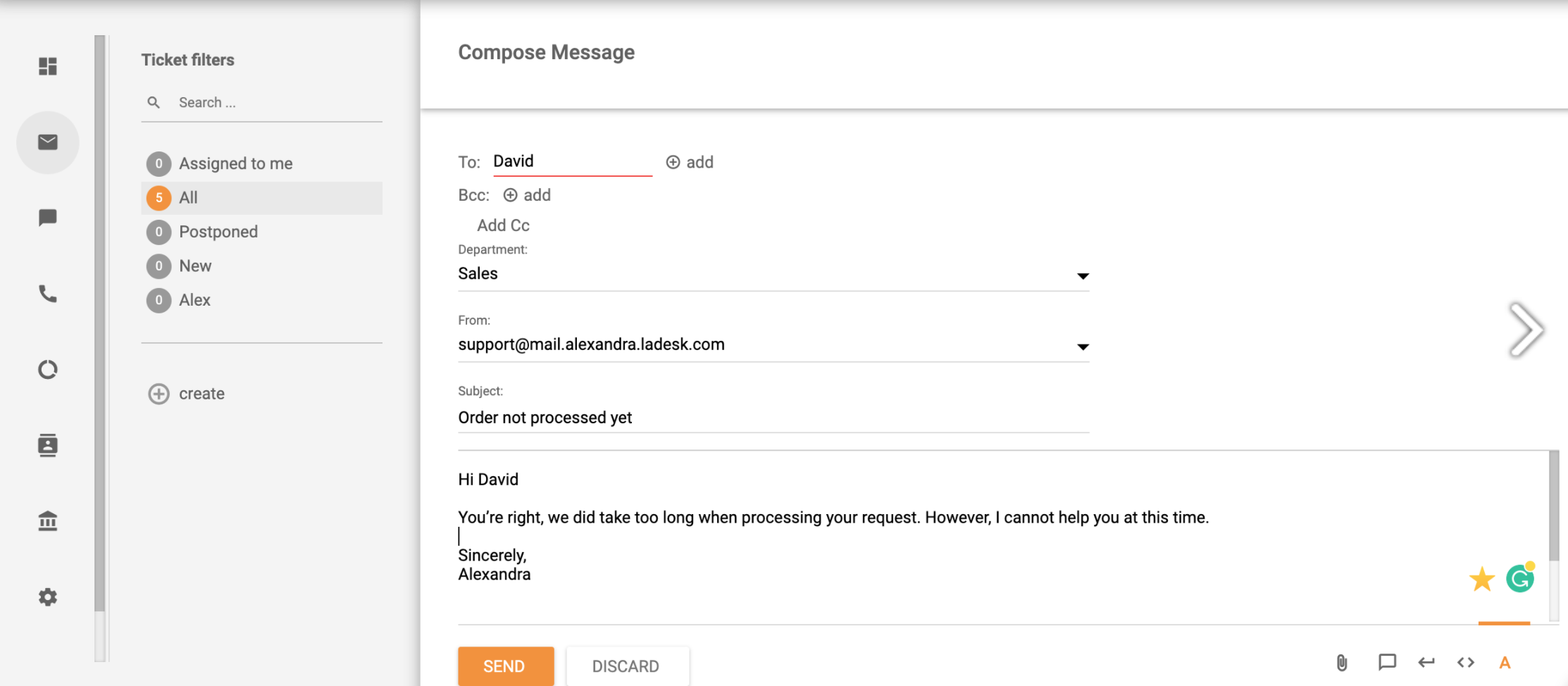 نظام التذاكر إنشاء رسالة جديدة