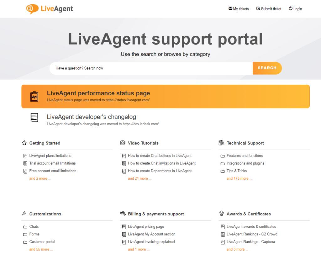لقطة شاشة تعرض فئة الدعم الفني من قاعدة معارف LiveAgent