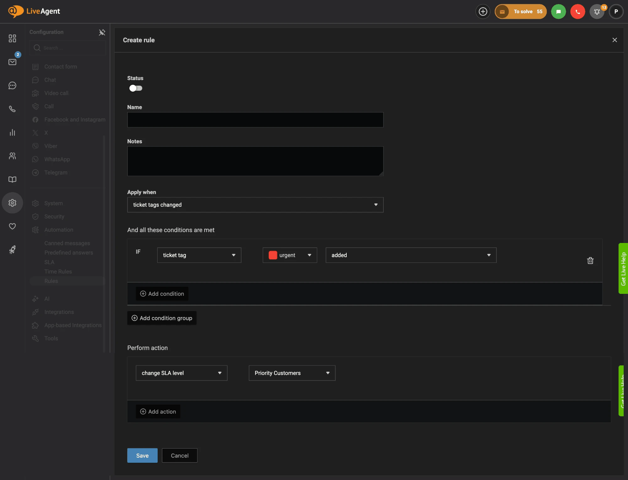 LiveAgent rule that changes the SLA level to Priority Customers when the tag urgent is added to a ticket