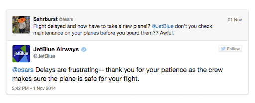 رد JetBlue على تغريدة عميل غير راضٍ على Twitter