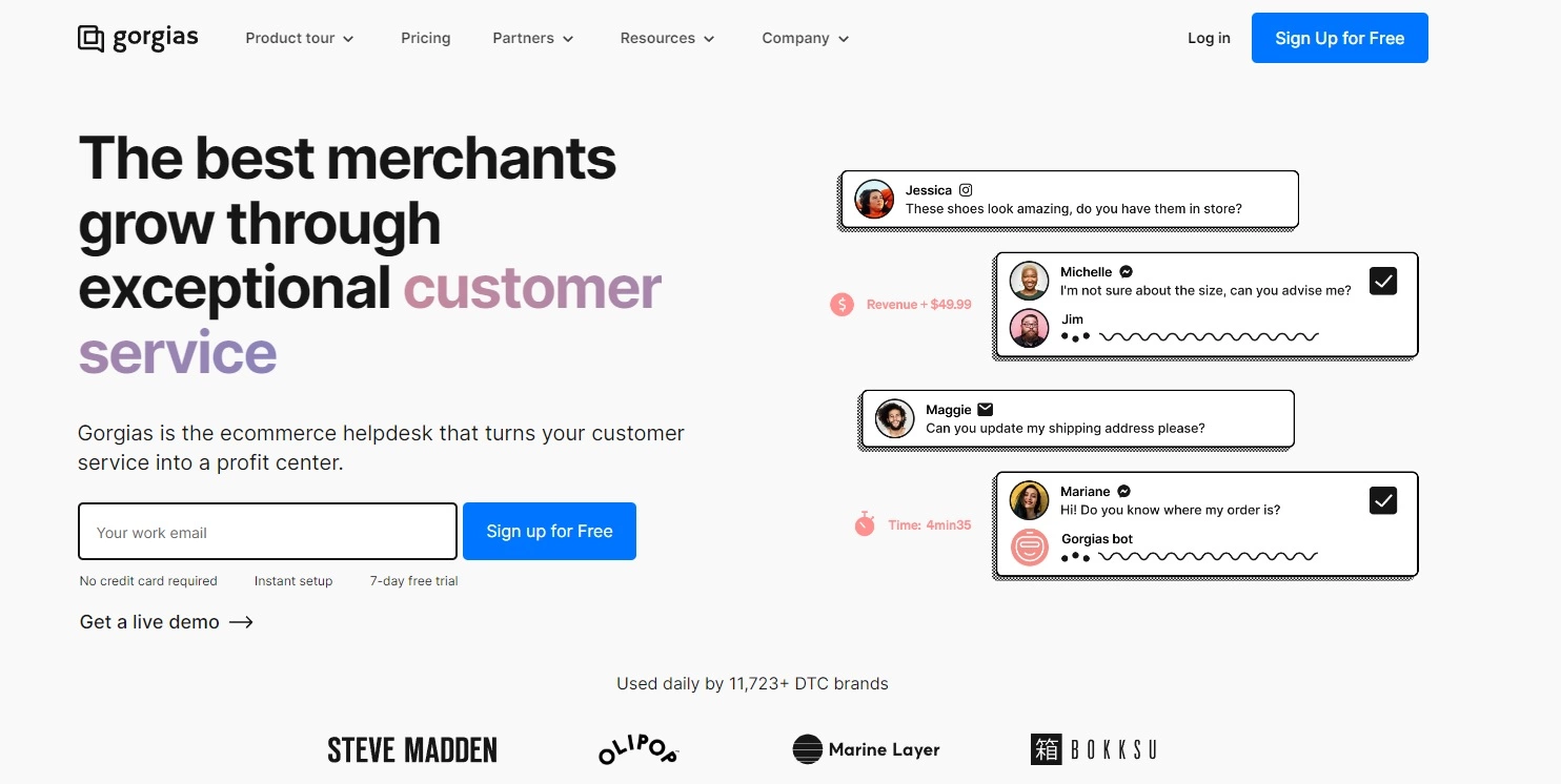 الصفحة الرئيسية لـ Gorgias - برنامج دردشة مباشرة للتجارة الإلكترونية يركز على الربح