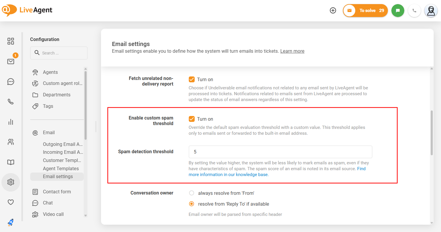 واجهة عتبة الرسائل غير المرغوبة القابلة للتخصيص في LiveAgent
