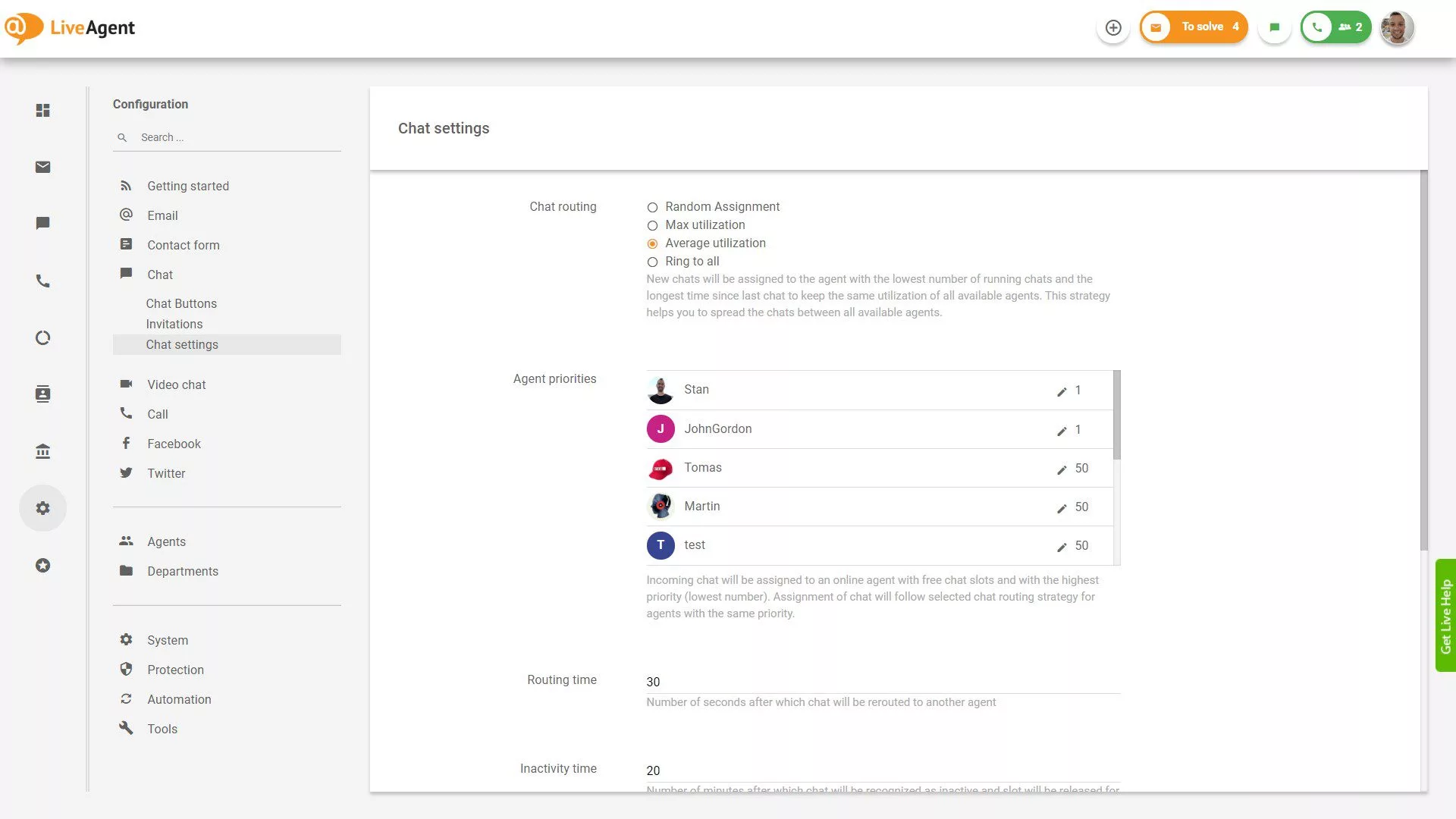 إعدادات الدردشة في LiveAgent
