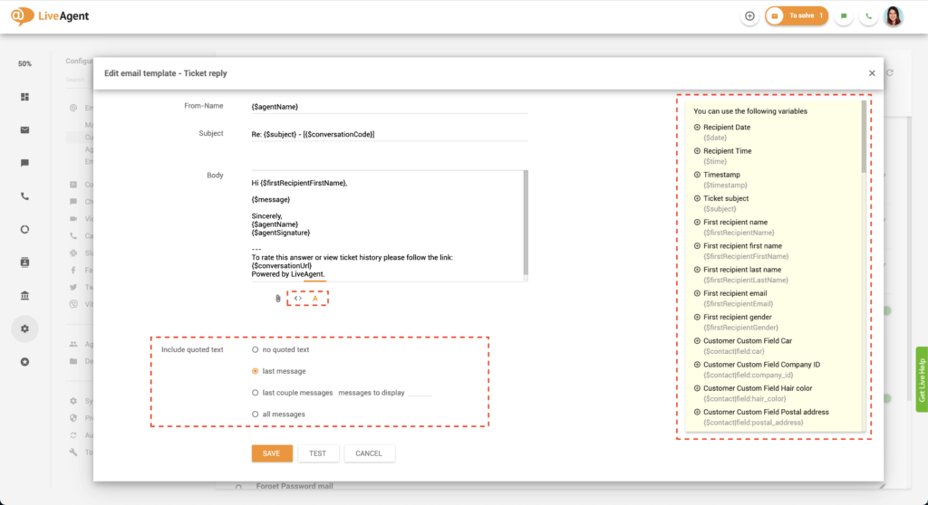 تخصيص قوالب البريد الإلكتروني في LiveAgent