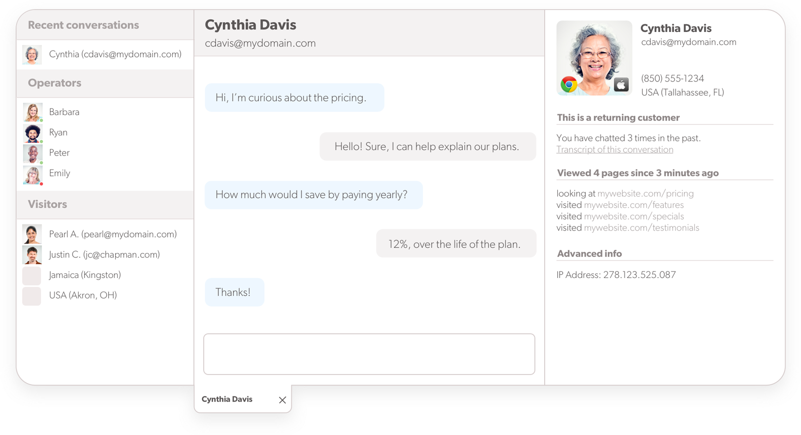 Agent view of ongoing live chat Olark live chat software