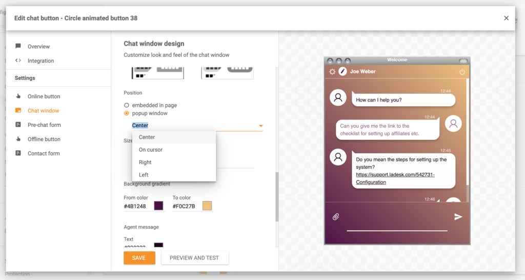 ميزة نافذة منبثقة LiveAgent