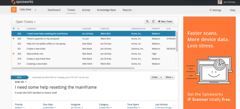 خدمة تذاكر Spiceworks المجانية