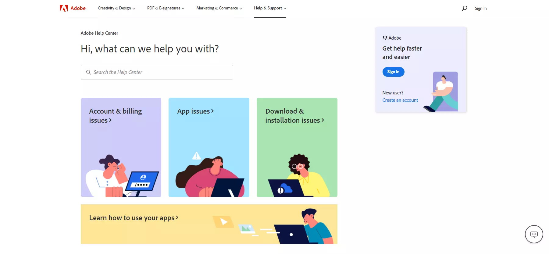 مركز الدعم من Adobe