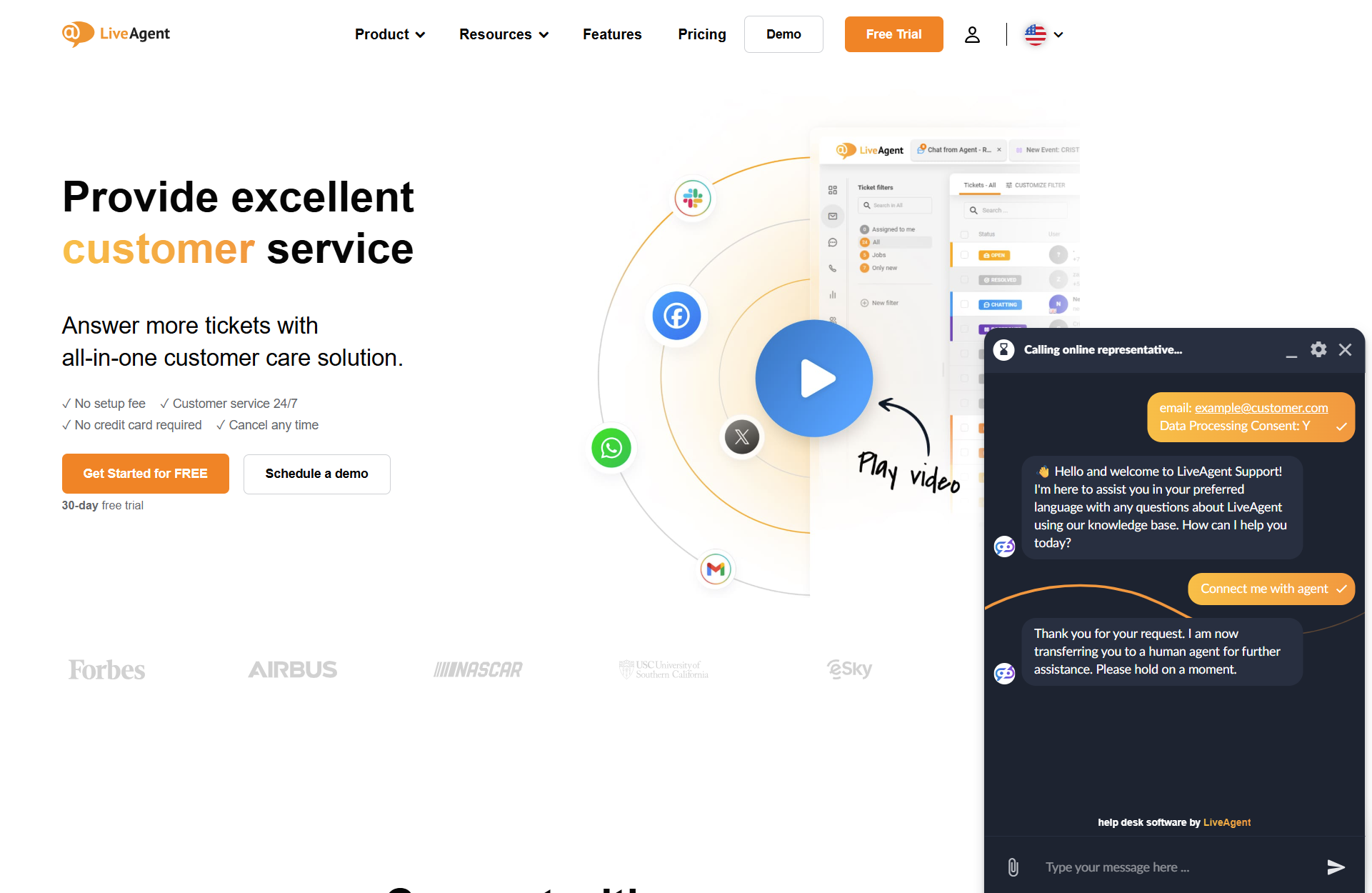 محادثة روبوت الدردشة بالذكاء الاصطناعي من LiveAgent على موقع ويب LiveAgent