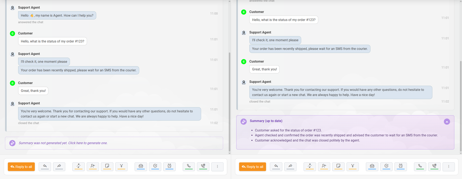 ملخص تذكرة بالذكاء الاصطناعي من LiveAgent تم إنشاؤه لمحادثة دردشة