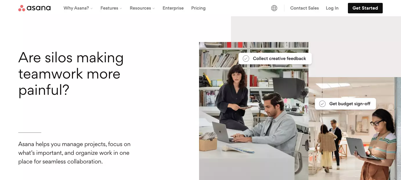 صفحة Asana الرئيسية - تحسين الكفاءة في مؤسستك من خلال تحسين التعاون بين الفريق وتنظيم العمل والحفاظ على الشفافية.