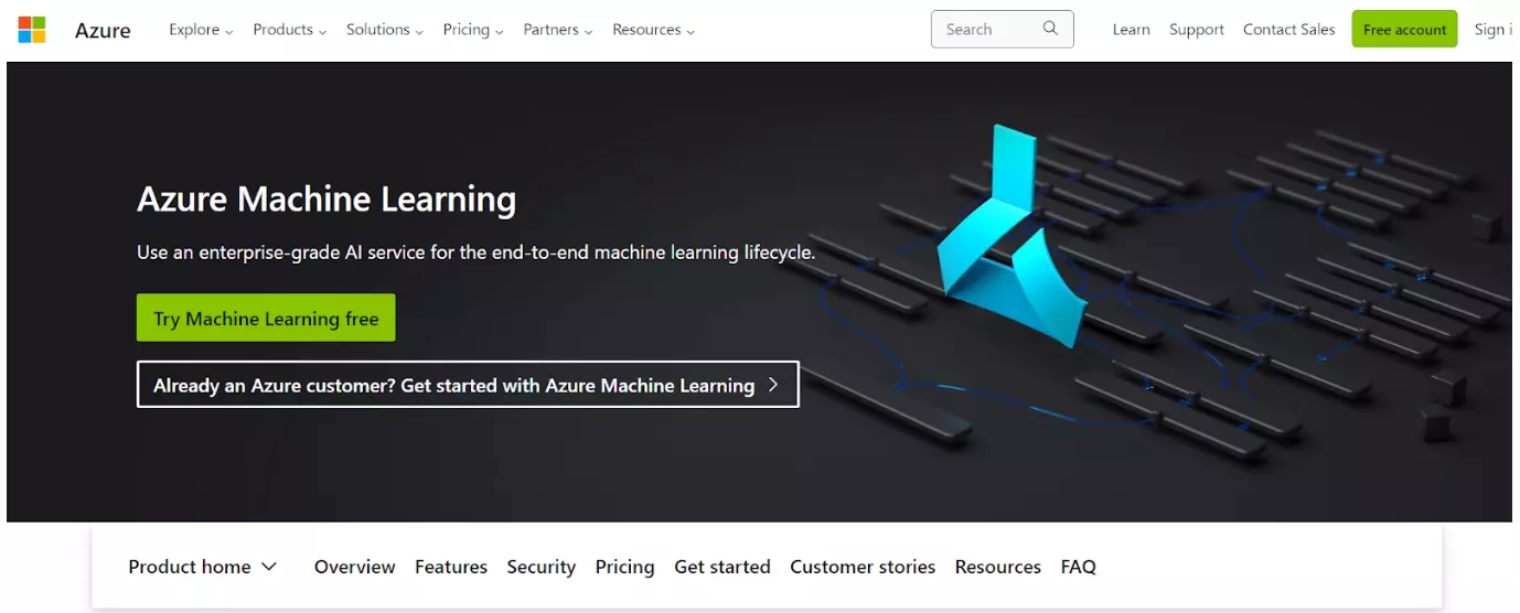 صفحة Azure Machine Learning Studio الرئيسية