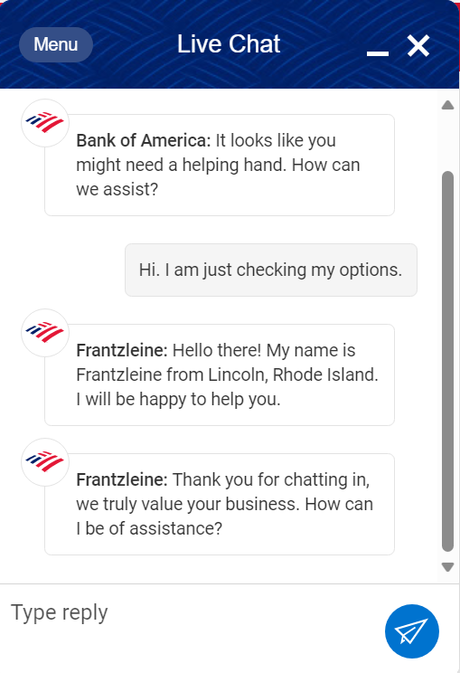 Example of Bank of America live chat