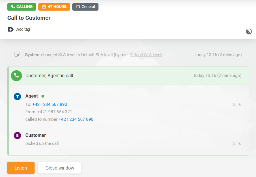واجهة ميزة الاستماع إلى الاستدعاءات في LiveAgent تُظهر الوكلاء يستمعون إلى الاستدعاءات الجارية