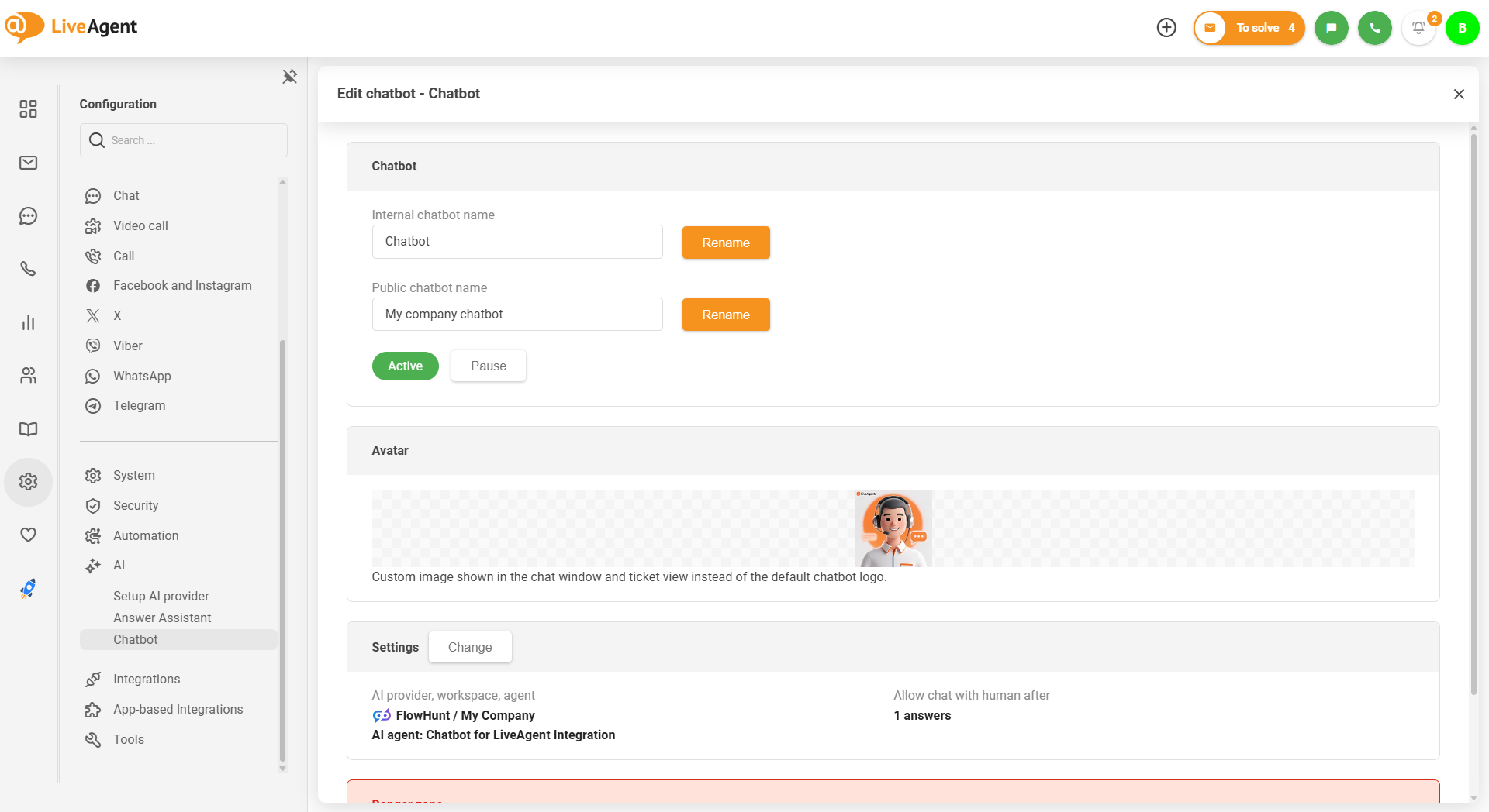 روبوت الدردشة الذكي من LiveAgent مع تحميل صورة روبوت دردشة مخصصة
