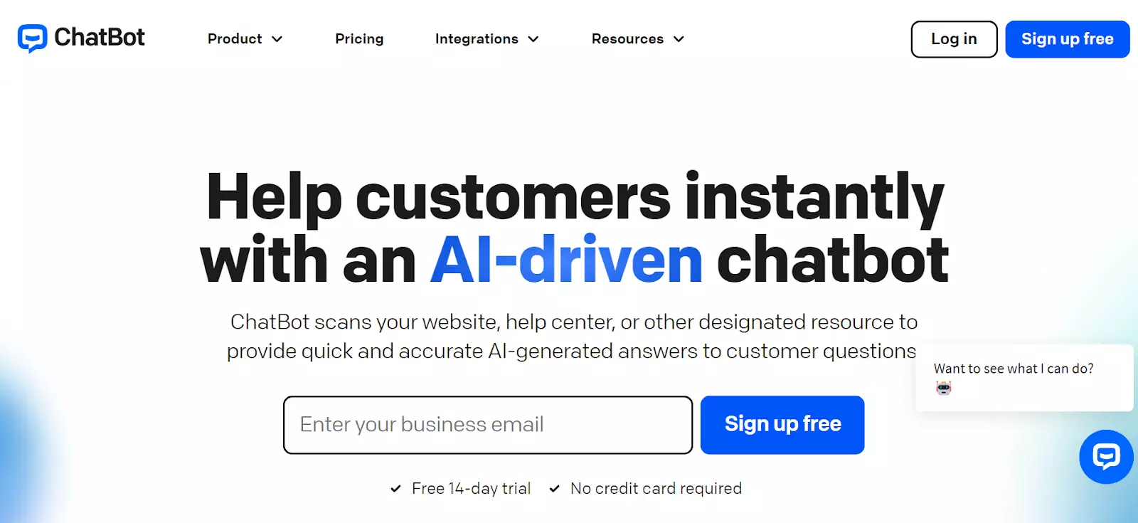 لقطة شاشة من الصفحة الرئيسية لـ ChatBot - قدم إجابات تم إنشاؤها بالذكاء الاصطناعي باستخدام روبوت الدردشة القوي الخاص بهم