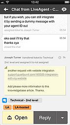 واجهة تطبيق LiveAgent لـ iOS - عرض الدردشة