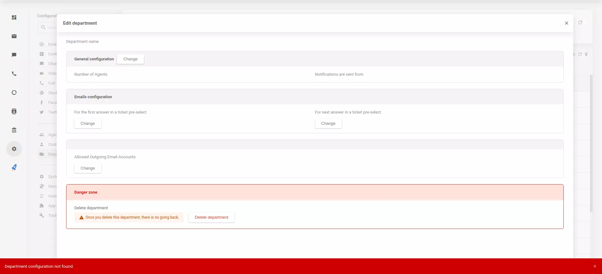 تكوينات الأقسام المهاجرة غير الموجودة في تطبيق LiveAgent