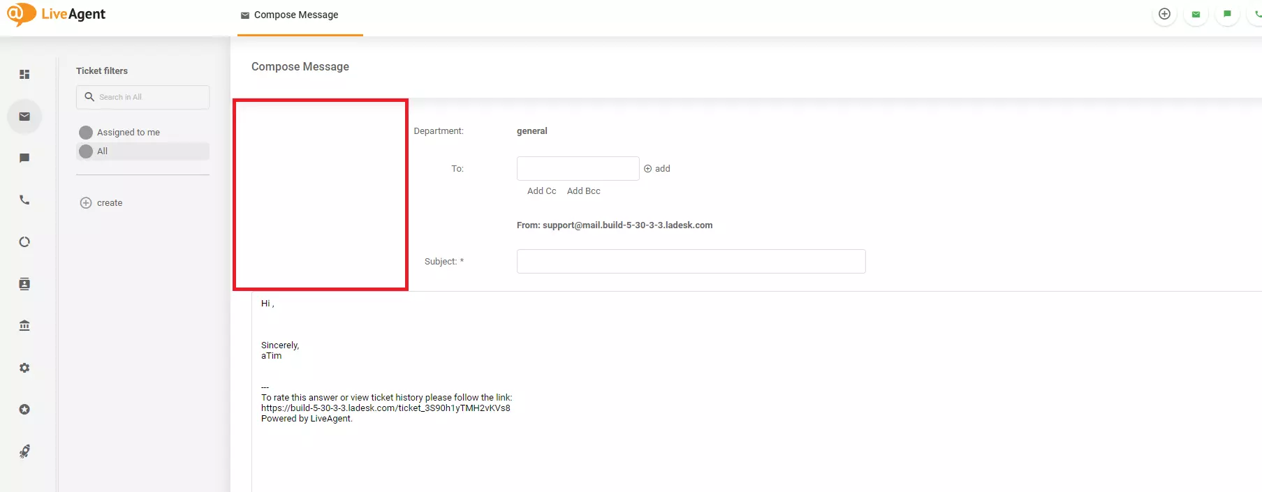 صورة توضح مشكلة تصميم في شاشة إنشاء الرسالة في LiveAgent