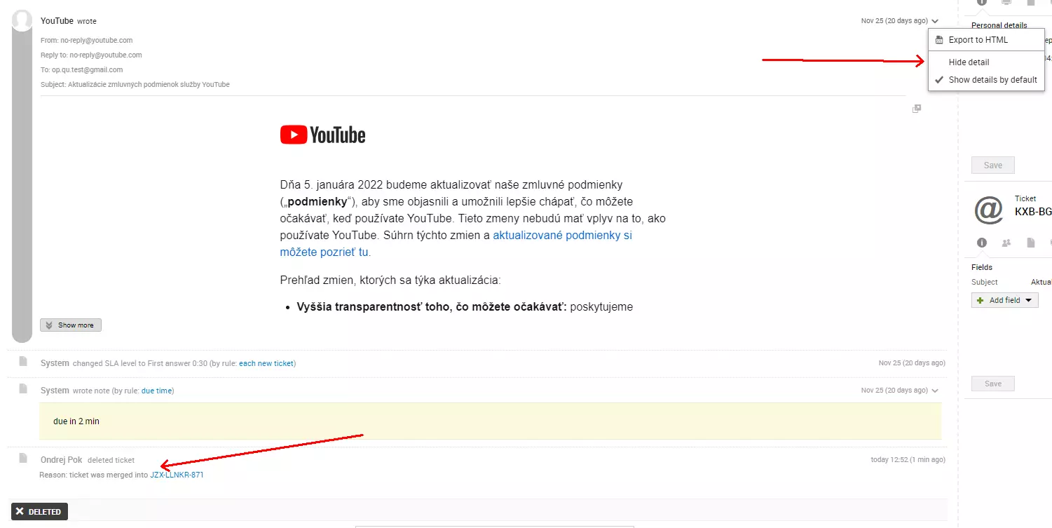 صورة توضح خطأ مصدر البريد الإلكتروني بعد دمج تذكرتين، مشكلة موجودة في الإصدارات السابقة من LiveAgent