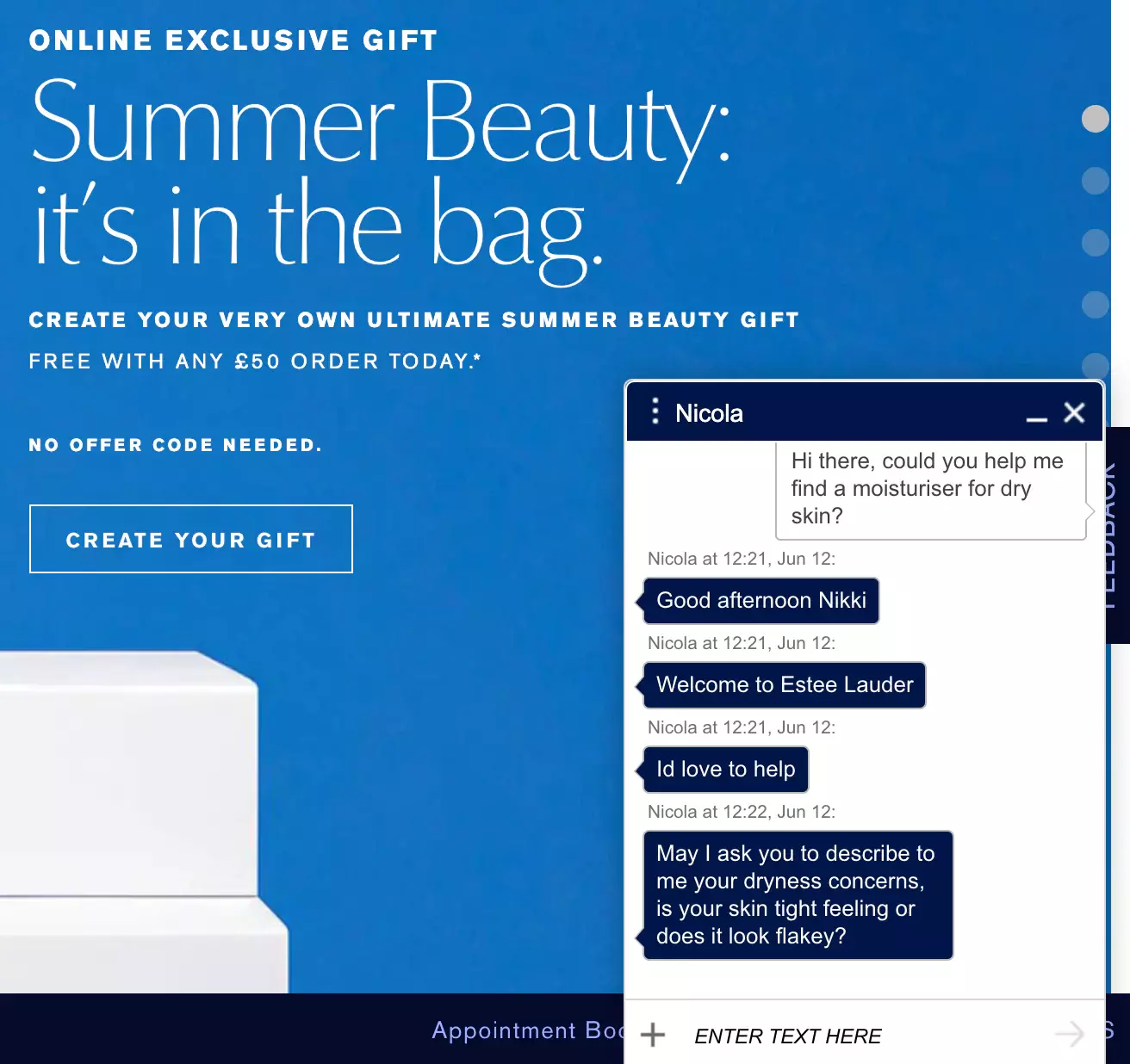 Example of Estee Lauder live chat