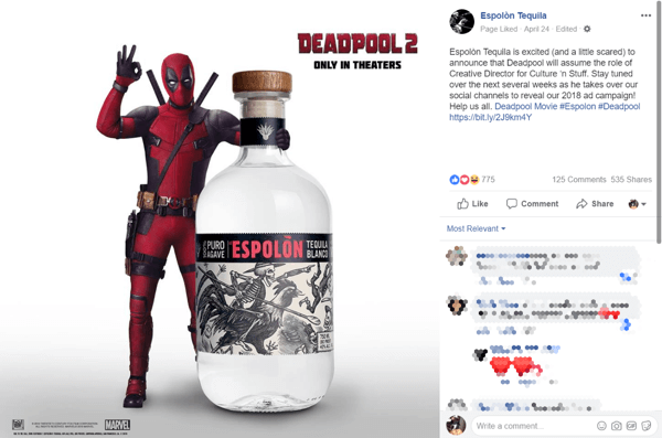إعلان شراكة العلامة التجارية للتكيلا مع فيلم Deadpool 2 على فيسبوك