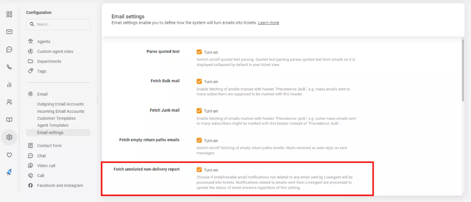 إعدادات البريد الإلكتروني في LiveAgent تظهر خيار 'جلب تقرير عدم التسليم غير ذي الصلة'