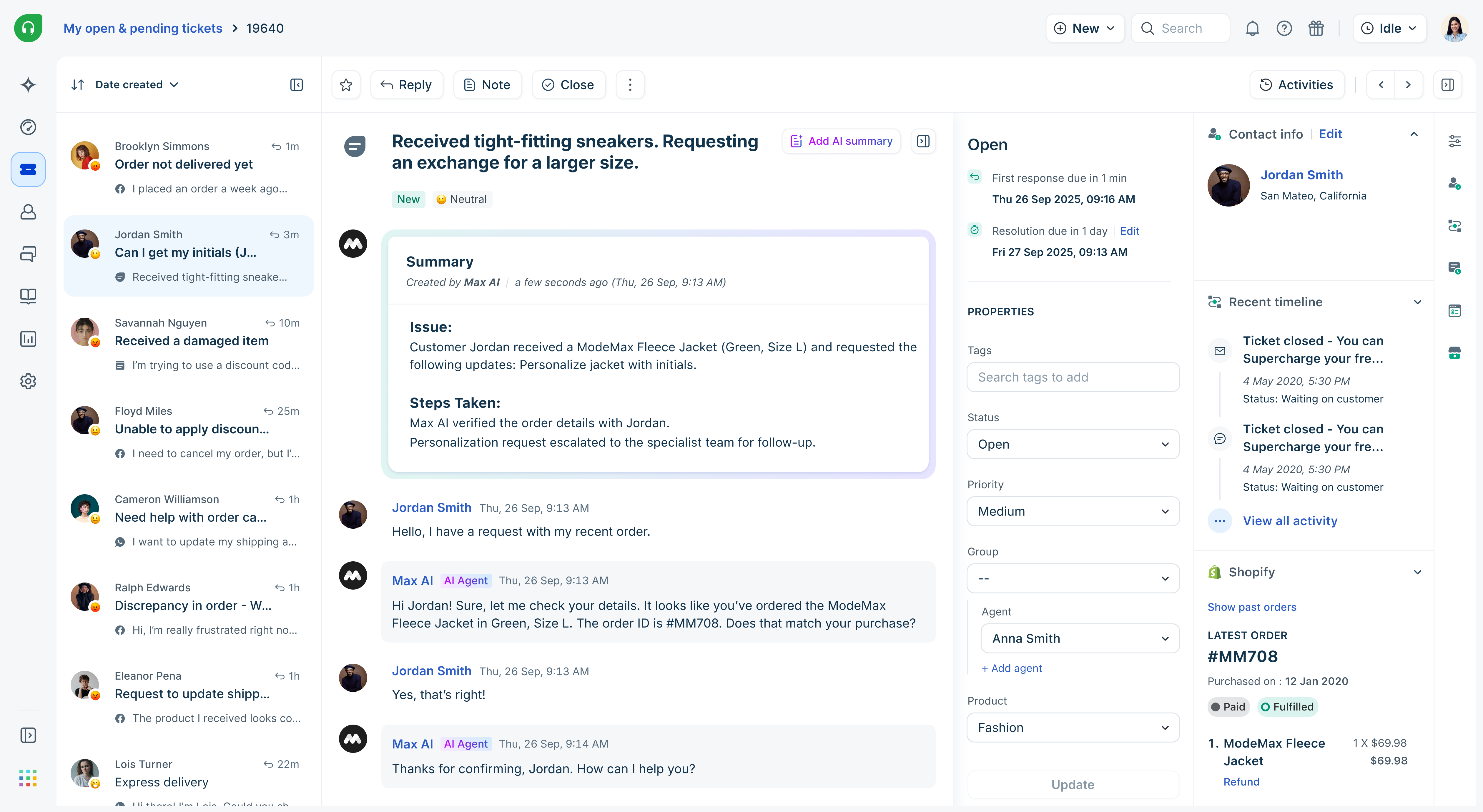 عرض قائمة تذاكر Freshdesk مع أعمدة الأولوية والحالة