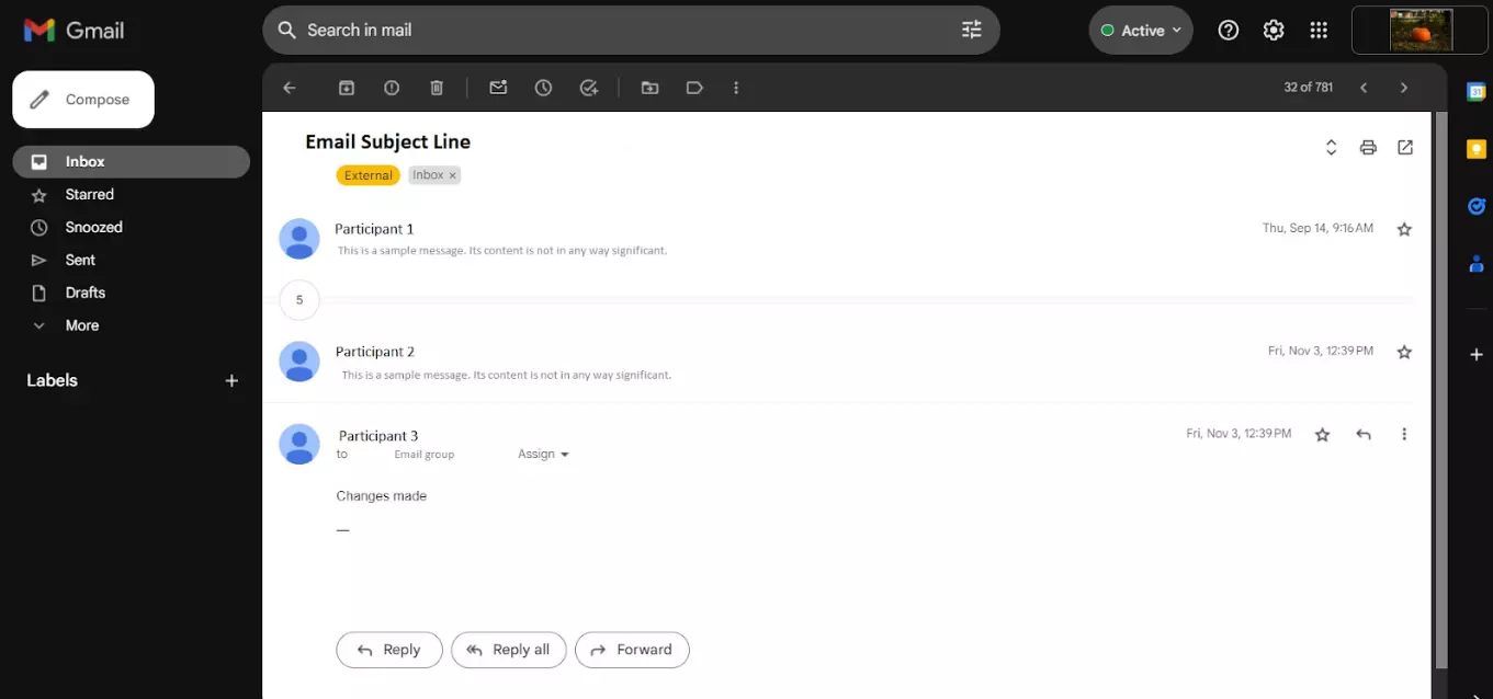 مثال على خيط بريد إلكتروني بين عدة مشاركين على مدى فترة زمنية