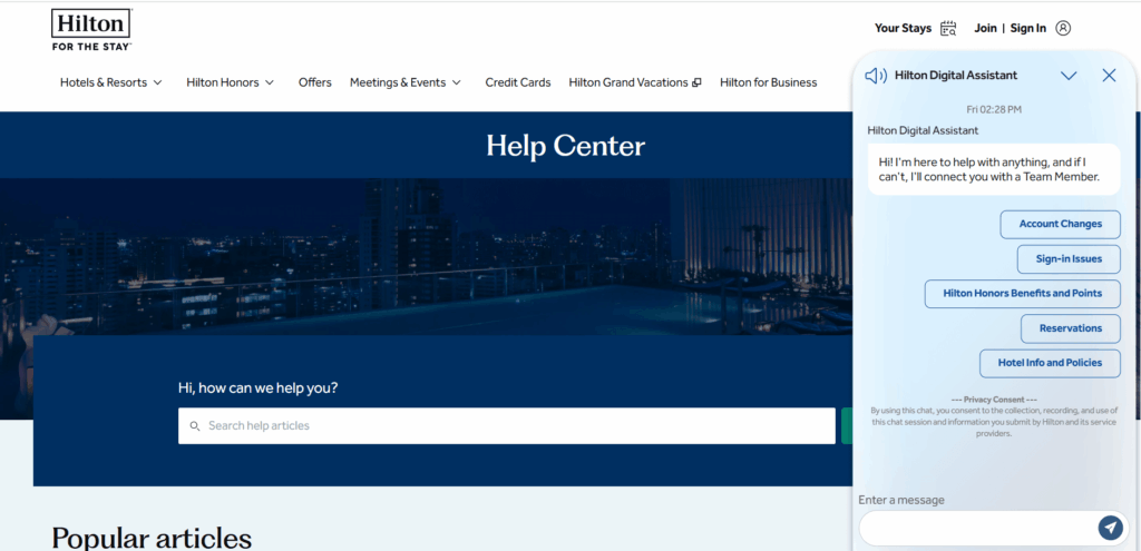 المساعد الرقمي لـ Hilton على موقع ويب Hilton