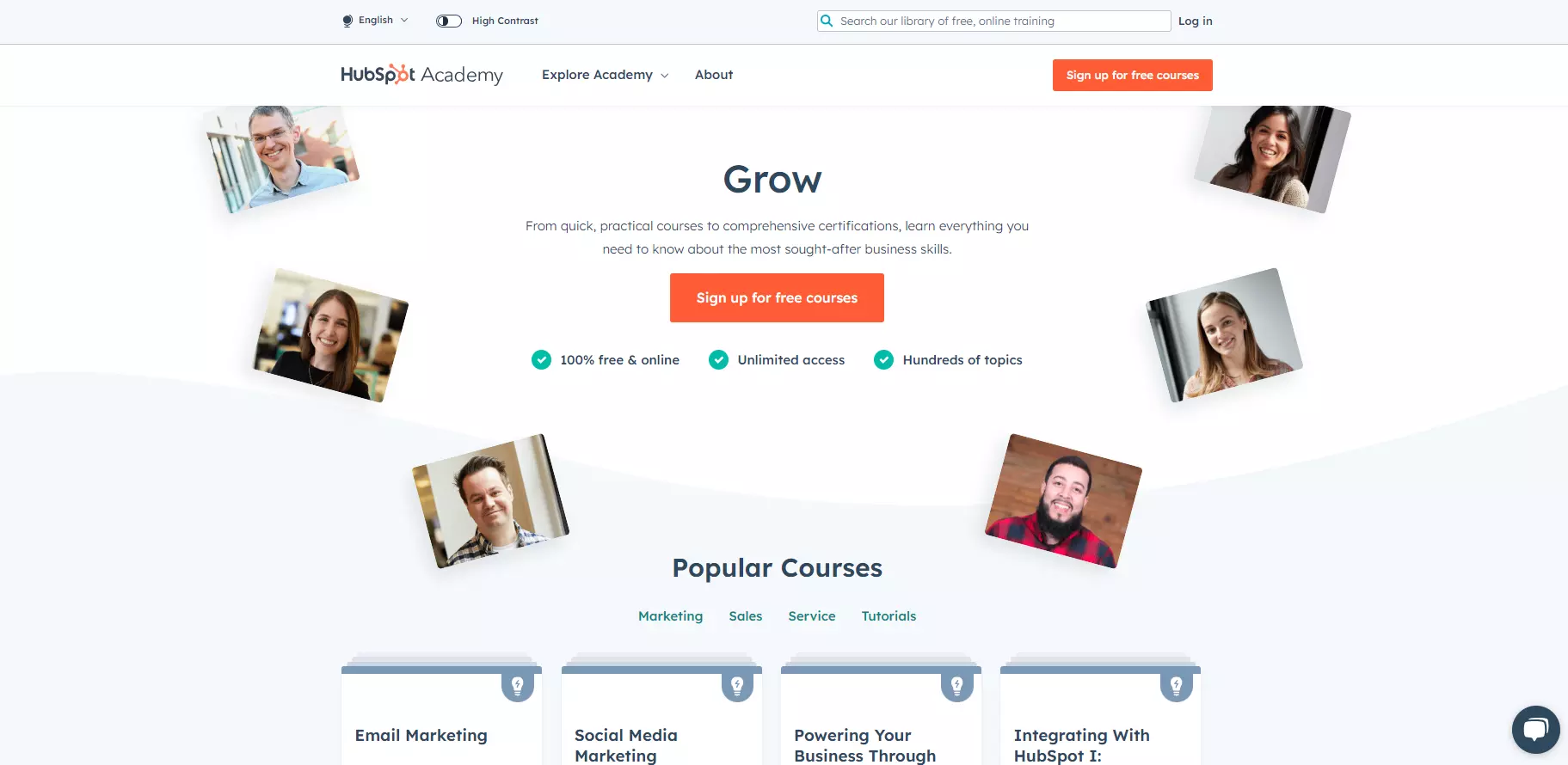الصفحة الرئيسية لـ HubSpot Academy