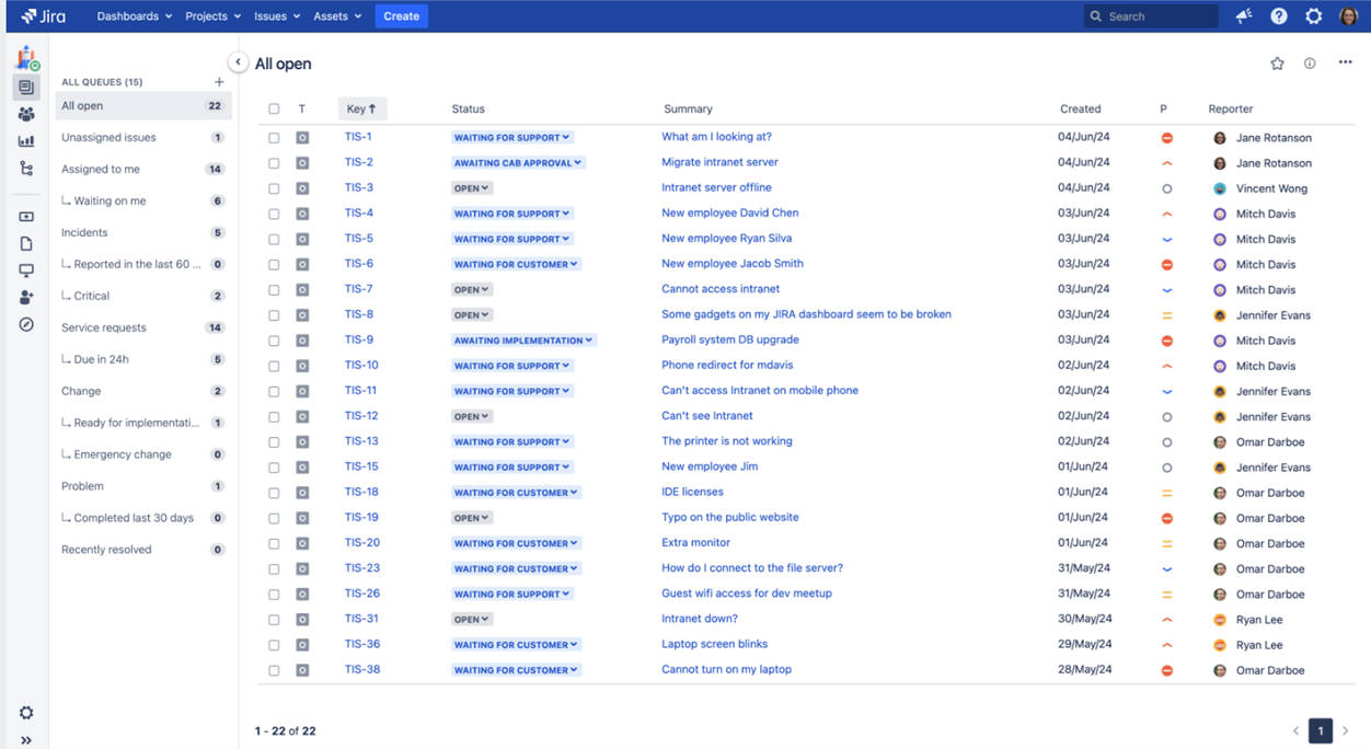 عرض قائمة انتظار تذاكر Jira Service Management مع أنواع الحالات