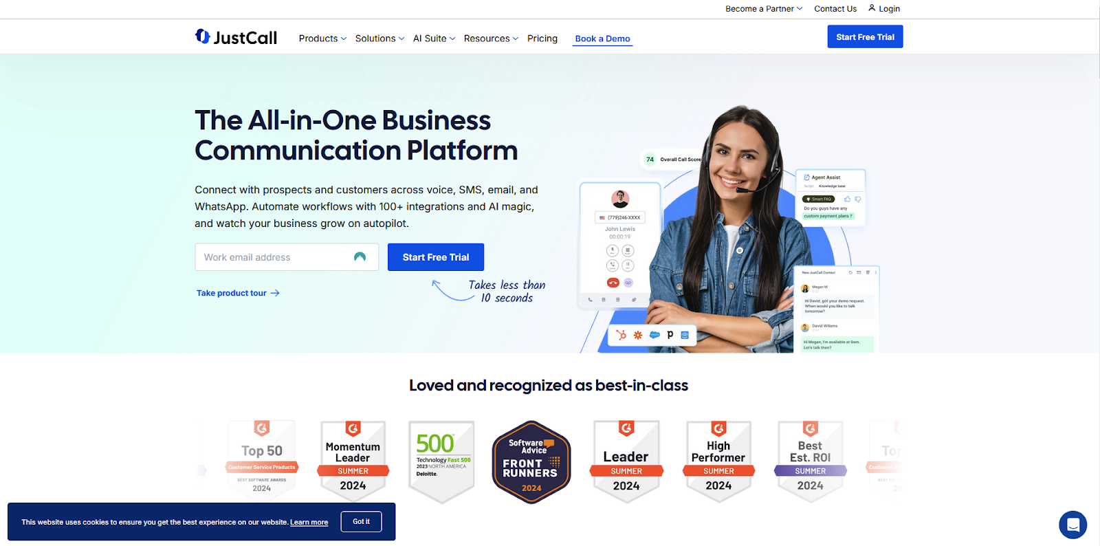 الصفحة الرئيسية لبرنامج مركز الاتصال JustCall