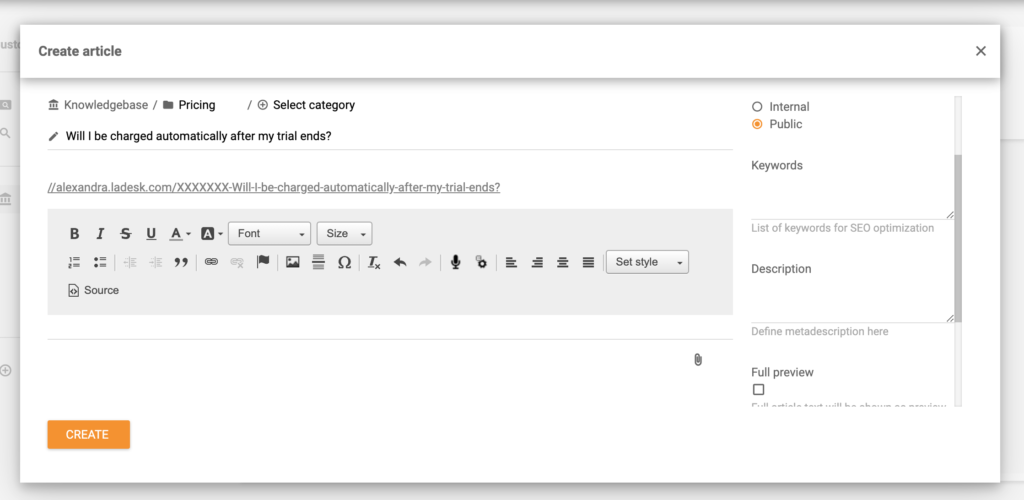 إنشاء مقالة قاعدة معرفة في LiveAgent