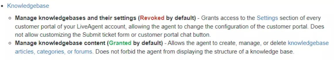 صورة توضح أمثلة على الأذونات المختلفة التي يمكن أن يمتلكها المستخدمون فيما يتعلق بقاعدة المعرفة الخاصة بهم