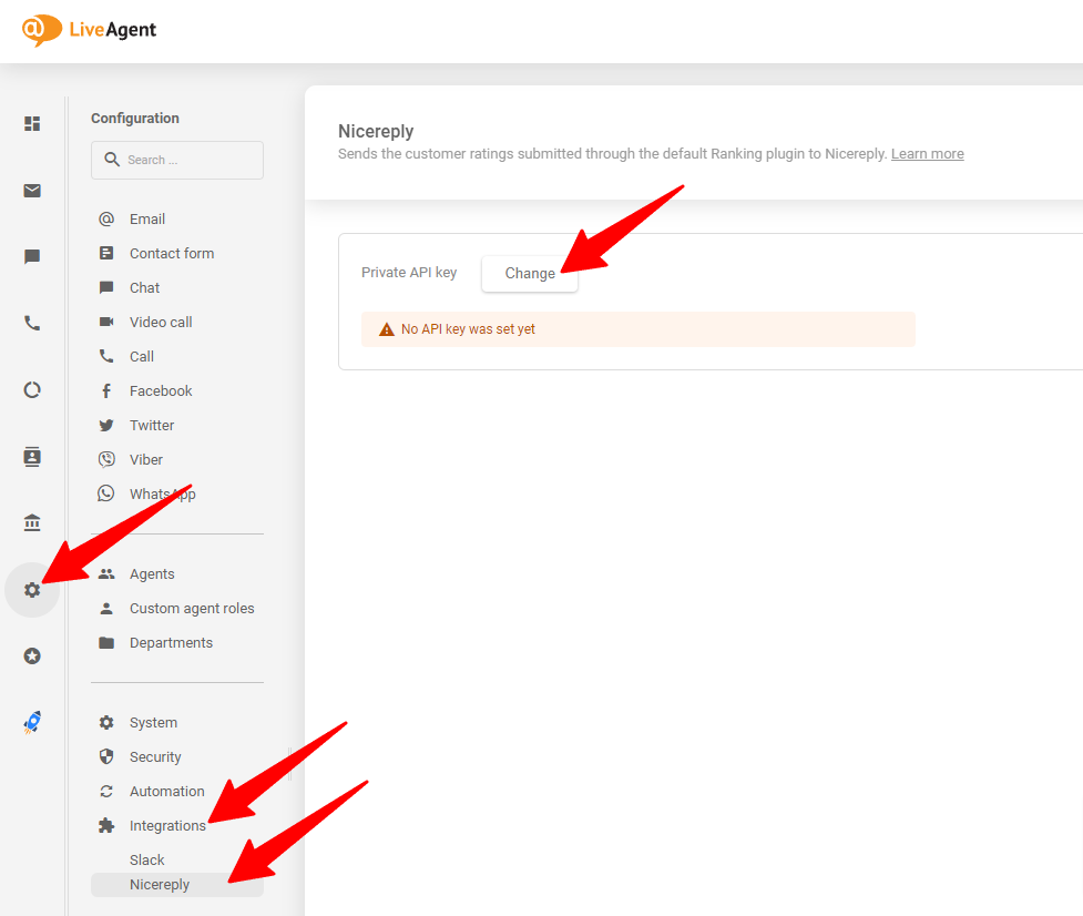 الصورة توضح مكان وضع مفتاح API الذي تم توليده في حساب LiveAgent الخاص بك